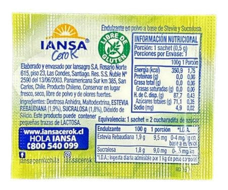 Stevia En Sachet 0,5g 2000 Unidades Iansa